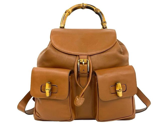 GUCCI Vintage Bamboo Leather Backpack Brown