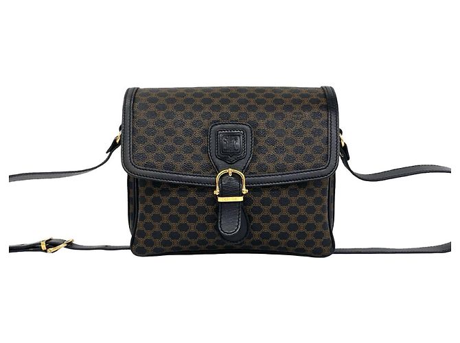 Céline Celine Vintage Macadam Blazon Pattern Triomphe Leather Shoulder Bag Pouch Brown Black