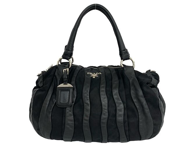 Tote Sac cabas Prada en cuir et tissu Tessuto rayé noir