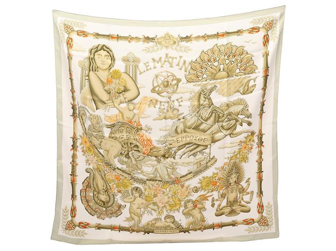 Hermès Lenço Hermes HERMES Carre 90 LE MATIN NEUF Branco Multicor