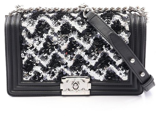 Sac à épaule Chanel Boy à sequins Noir Blanc