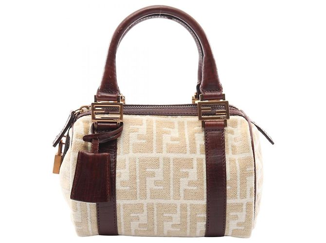Saco Tote Fendi Zucca de Couro e Tecido Castanho Bege Branco Marrom