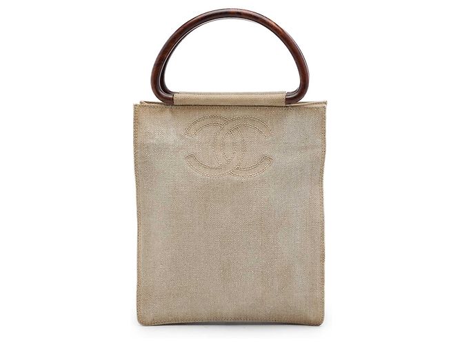 Tote Chanel Beige CC Canvas com alças de madeira Bege