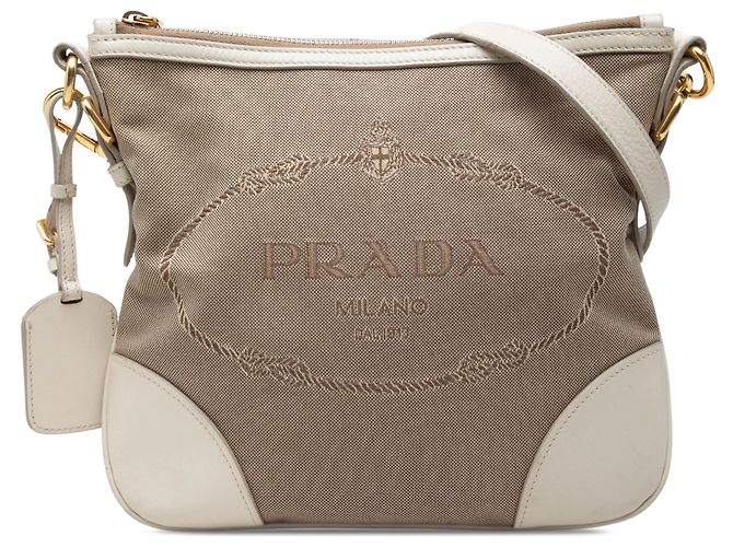 Prada Borsa a tracolla in tela Canapa beige con logo