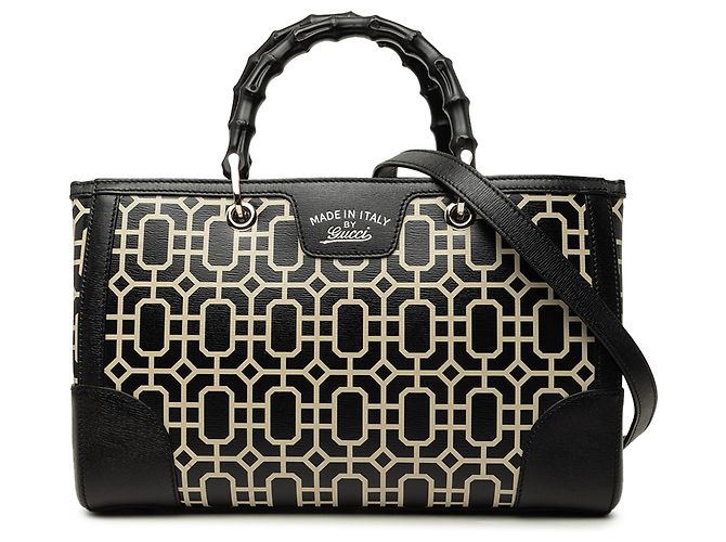 Bamboo Bolsa Satchel Gucci em couro de bezerro estampado preto, tamanho Medium, com alça de bambu