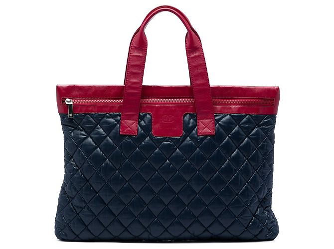 Chanel Blue Large Bicolor Quilted Nylon and Lambskin Coco Cocoon Flat Tote Blu navy