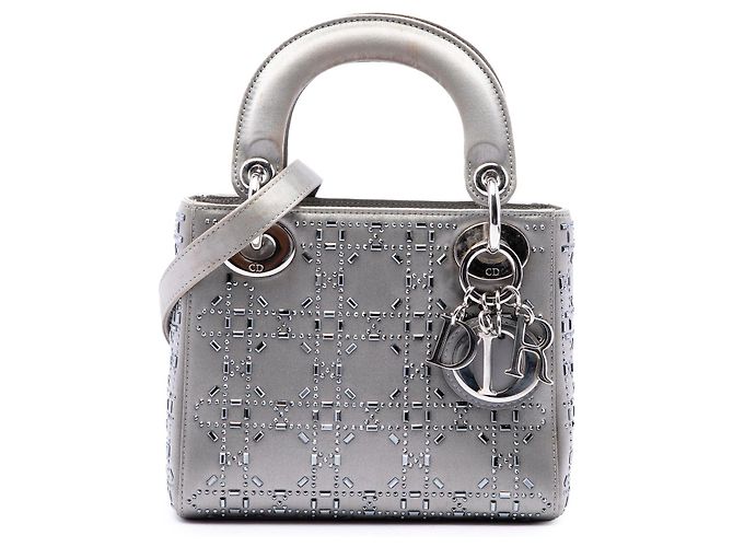 Autre Marque Mini Lady Dior em cetim cinza com motif Cannage e cristais Marrom
