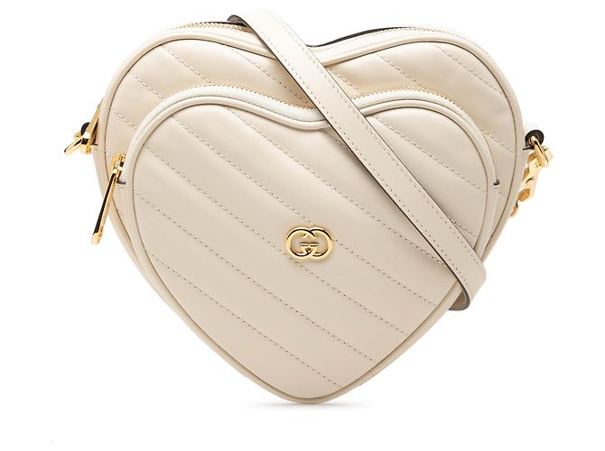 Gucci Bolsa Tiracolo Mini Matelassé em couro de bezerro diagonal branco com G entrelaçados e coração Cru