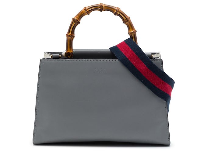 Bamboo Bolsa Satchel Gucci Nymphaea Small em couro de bezerro cinza com Bambu e Web Marrom
