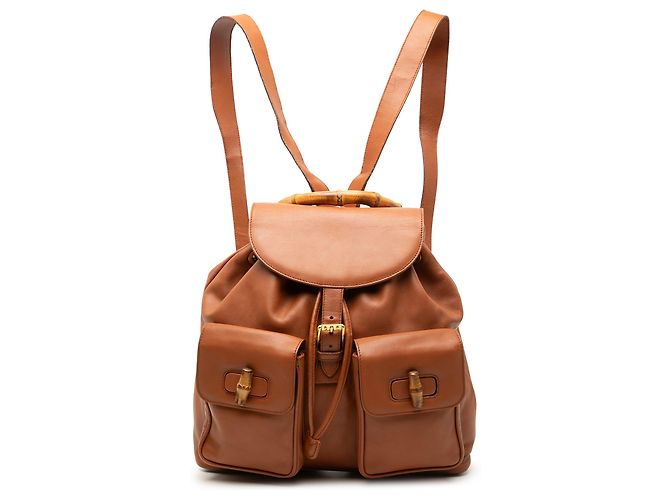 Bamboo Mochila Gucci Large em pele de vitelo castanha com cordão e bambu Marrom