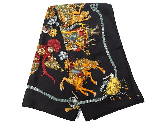 Lenço de seda Hermès Black Les Fetes Du Roi Soleil 90