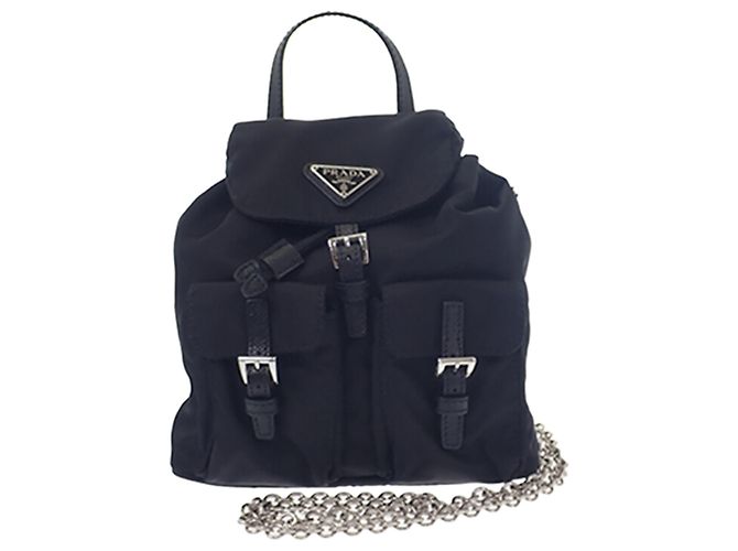 Prada Black Mini Saffiano Trimmed Tessuto Drawstring Vela Backpack