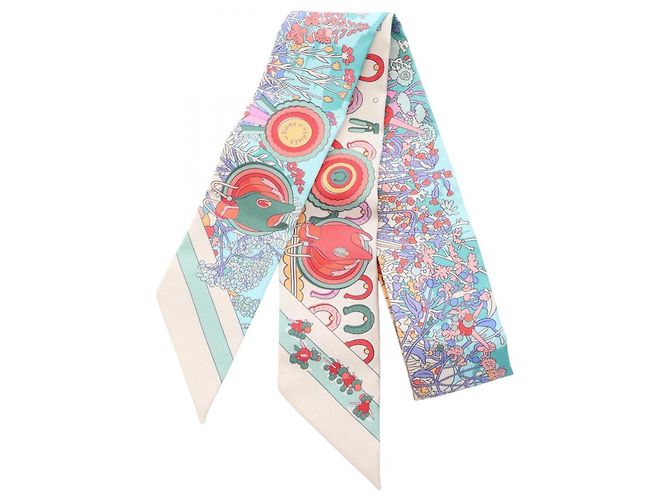 Hermès Twilly Pony Pit Stop Ribbon Scarf Multicor Cru