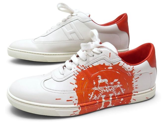 Hermès CHAUSSURES HERMES QUICKER SPLASH ORANGE BLANC CUIR LOGO 40 BASKETS SNEAKERS