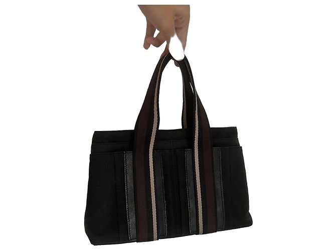 Hermès Saco cabas em lona preta e couro Marrom Preto