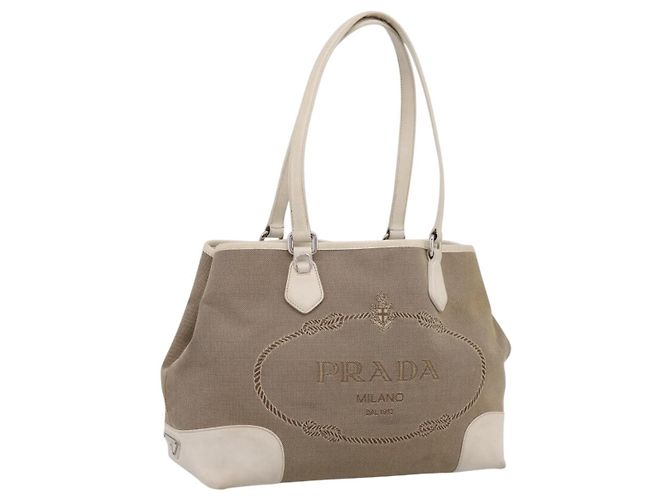 Borsa Tote PRADA Canvas Jacquard Beige Silver Auth 206242A Argento