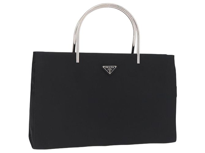 PRADA Handtasche mit Metallgriff Nylon Black Silver Auth 206110A Schwarz Silber