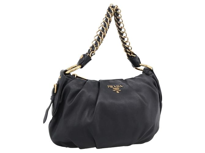 PRADA Schultertasche mit Kette aus Leder Schwarz Gold Auth 205977M Golden