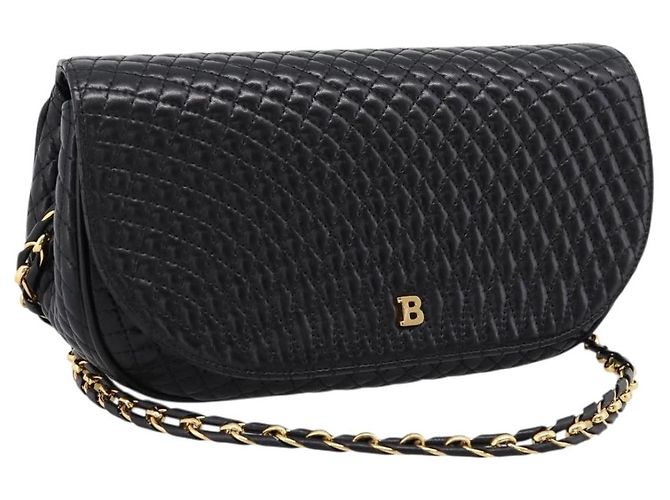 Bolsa de Ombro com Corrente Bally em Couro Preto e Tom Dourado Auth BA16160A
