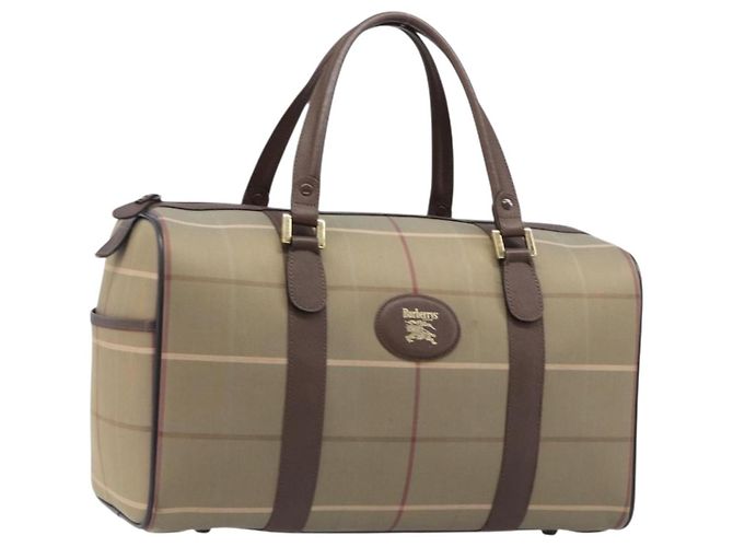 Bolsa Boston Burberrys Nova Check Canvas Brown Gold Auth 204885A Marrom Dourado