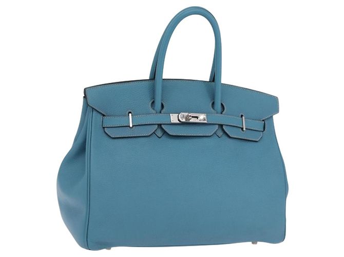 Hermès Bolsa de mão HERMES Birkin 35 em couro Taurillon Azul Turquesa Prata Auth LN221SM