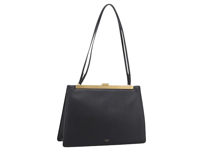 Céline CELINE Soft Clasp Medium Shoulder Bag Leather Black Gold Tone Auth mr3051SM Noir