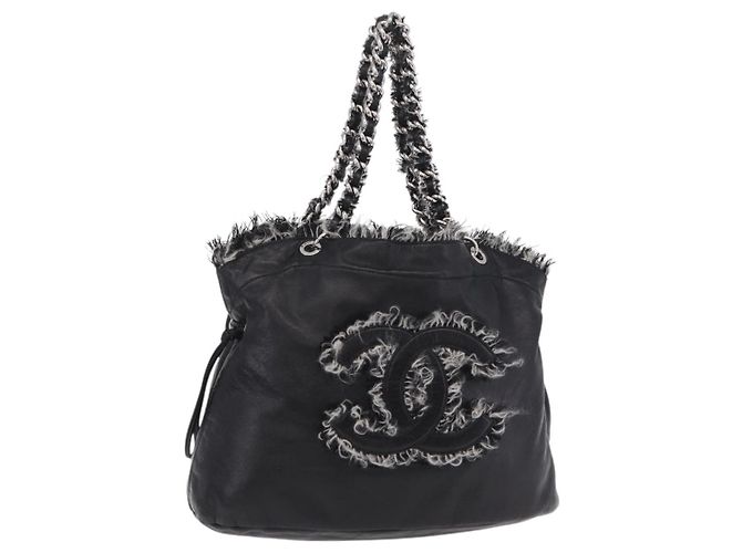 CHANEL COCO Mark Chain Tote Bag aus Leder Schwarz Silber CC Auth yk20951SAV