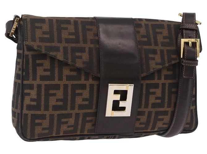 Borsa a tracolla FENDI Zucca Canvas Marrone Nero Auth 206232A