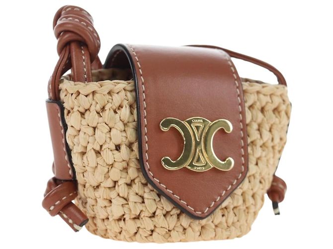 Céline CELINE Mini Shoulder Pouch Raffia 2way Beige Gold Auth 204431M Golden