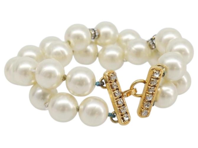 Pulseira de pérolas CHANEL metal Gold CC Auth bs37428 Dourado