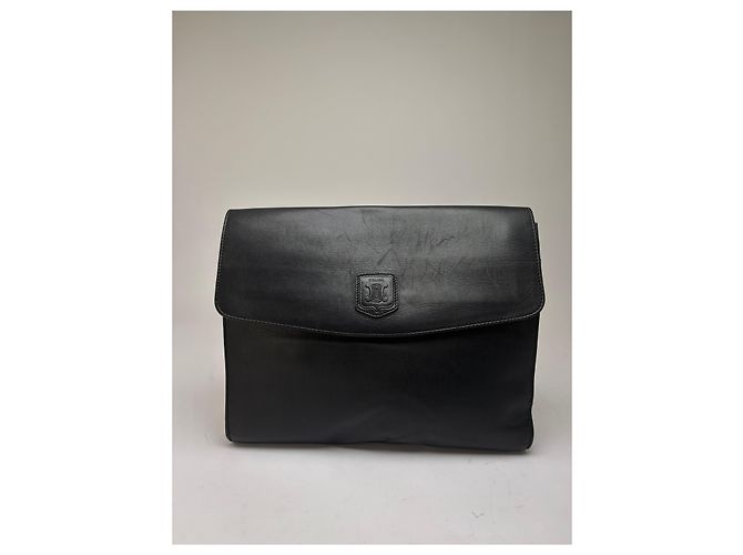 Céline Vintage Celine Triomphe Leder-Klappclutch c. 1992 Schwarz