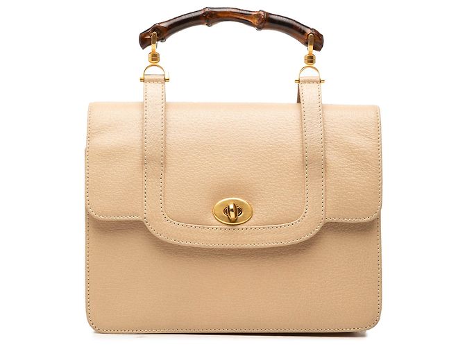 Bamboo Bolsa Satchel Gucci em couro de bezerro bege com fecho de rotação e alça de bambu