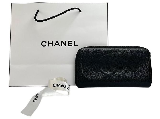 Vintage Chanel Pebbled Leather Zip Wallet Black Silver