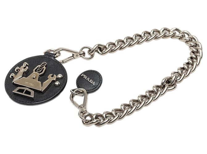 Spilla a catena robot in pelle Saffiano argento e ottone Prada