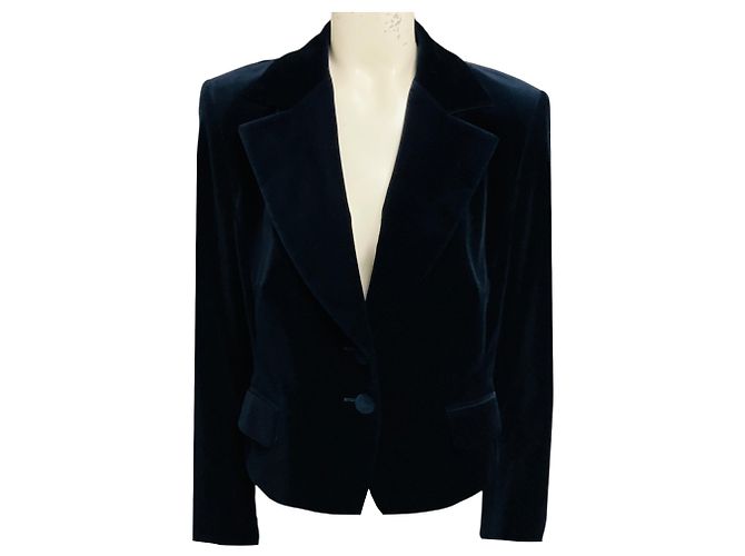 Escada Navy Blue Two Button Velvet Blazer with Bow Detail