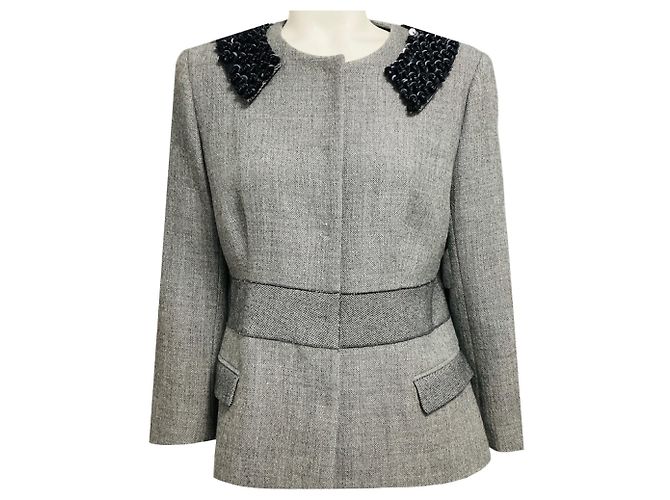 Malo Grey Wool Tweed Jacket with Sequined Collar