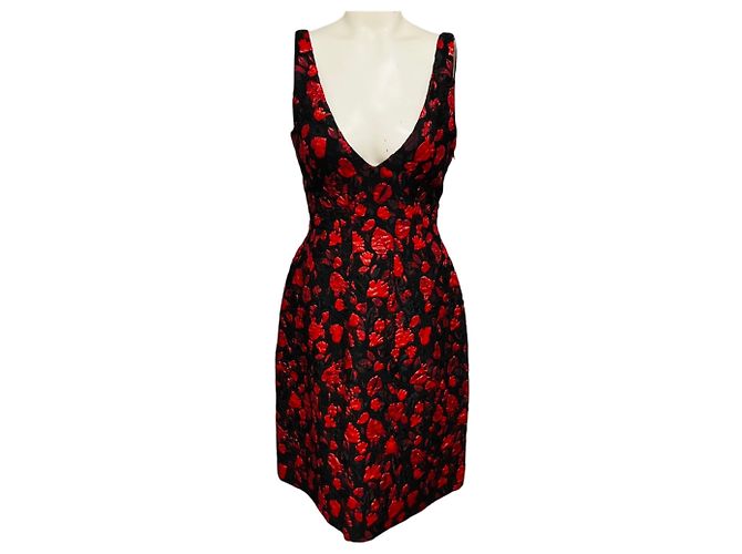 Thakoon Black / Red ärmelloses Cocktailkleid aus Jacquard mit V-Ausschnitt Rot