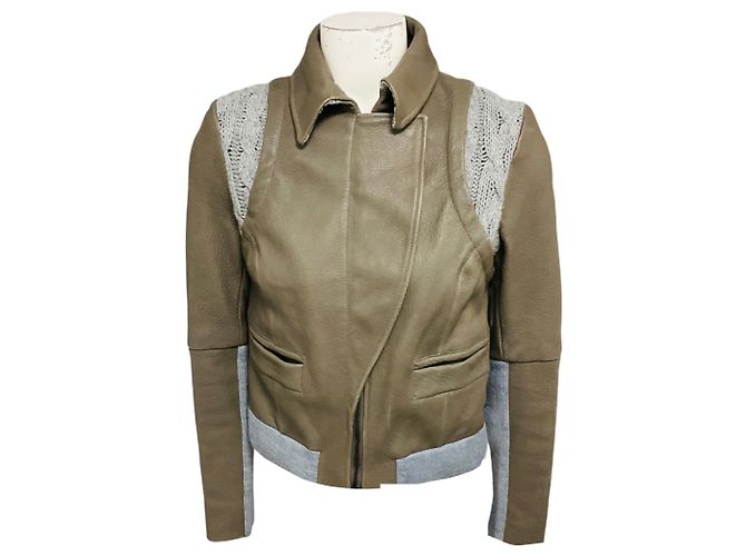 Thakoon Taupe Lambskin Leather Jacket with Grey Wool Knit Trim Multiple colors
