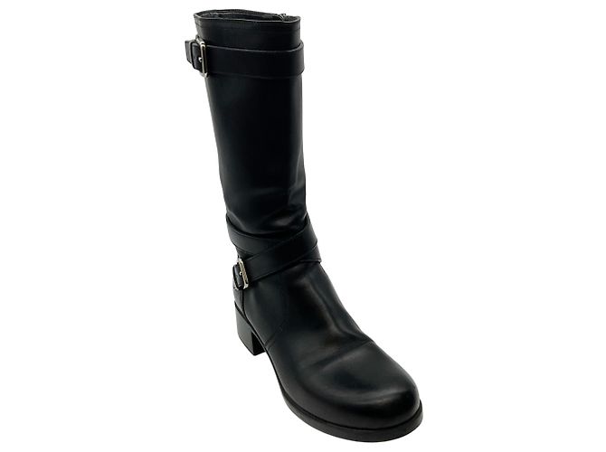 Botas Moto con Cinturón de Piel Negra Prada Negro