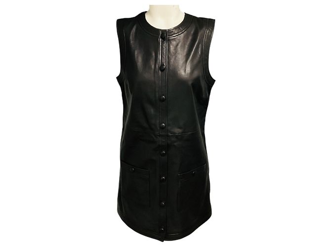 Autre Marque Frame Black ärmelloses Lammlederkleid mit Knopfleiste Schwarz