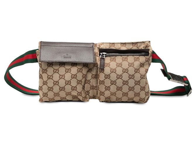 Bolso cinturón Gucci GG Canvas Web beige con doble bolsillo