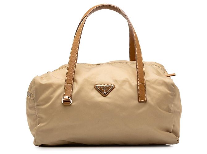 Bolsa Boston Prada em Tessuto com acabamento em Saffiano Bege