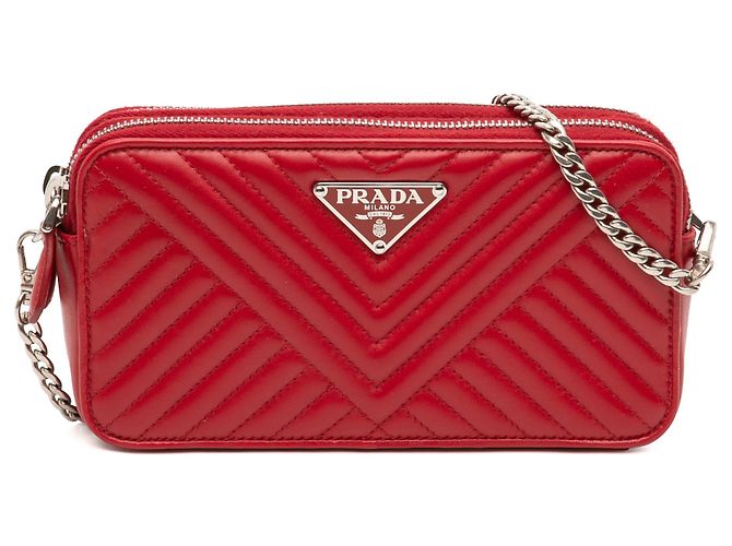 Bolsa Prada Mini Soft Calf Impunture Diagramme Double Zip, vermelha Vermelho