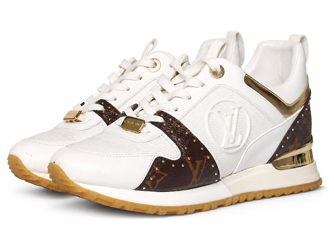 Louis Vuitton, sapatilhas Run away em couro e canvas Marrom Branco Dourado