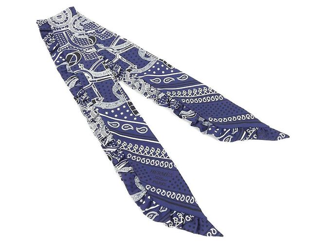 Hermès Hermes Eperon D'Or Bandana Twilly Sciarpa a Volant Muffler Nero Bianco Blu