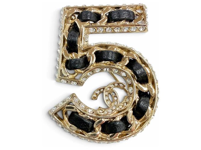 Broche de couro com strass Chanel B23P No.5 Coco Mark Preto Dourado