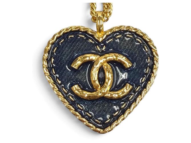 Collar de cadena de denim Chanel Coco Mark Heart Dorado Azul marino