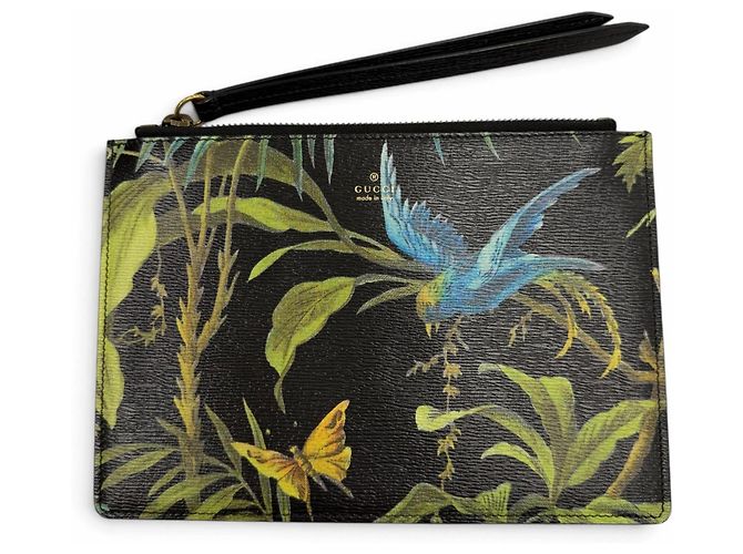 Gucci Leather Tropical Print Pouch Black