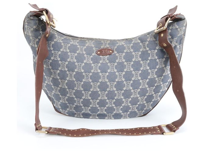 Céline Bolsa de ombro hobo em couro e denim azul Celine Macadam