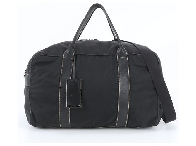 Prada Tessuto Nylon Triangle Logo Leather Boston Bag Black